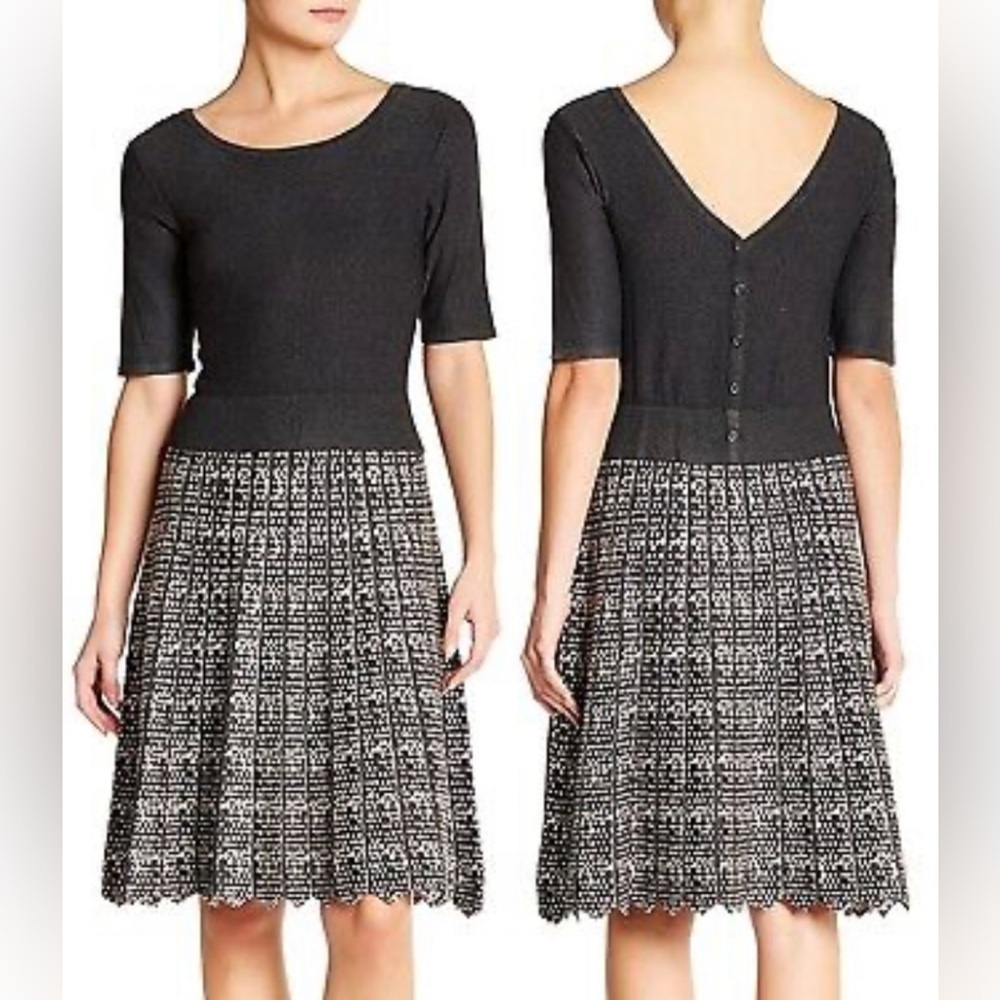 Taylor Charcoal/Cream Mock Button V-Back Fit & Flare Sweater Dress Size Medium